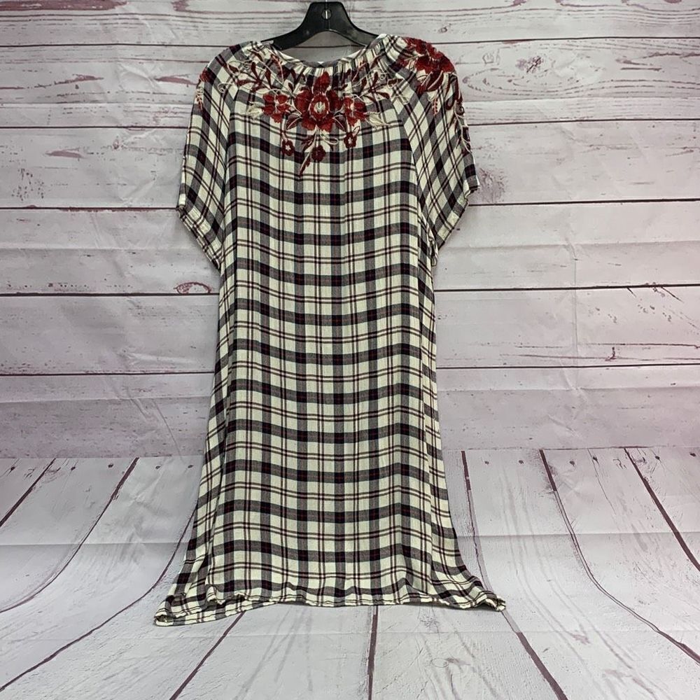 Johnny Was Workshop Women’s Medium Plaid Floral Midi Tunic Dress Boho Soho - Picture 2 of 8